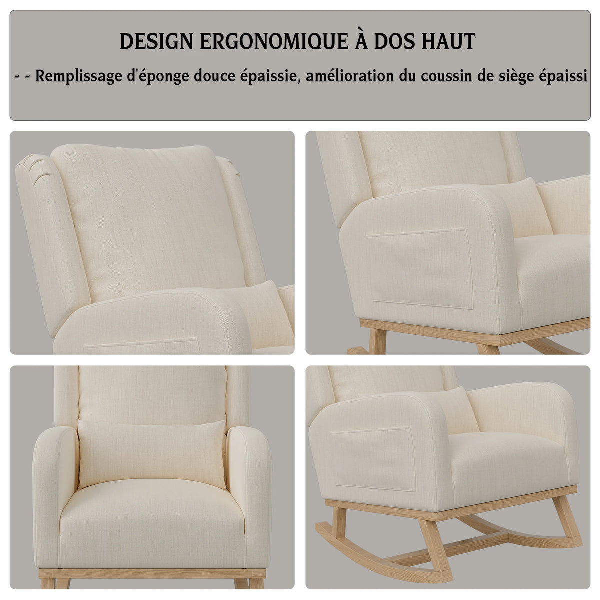 Wooden rocking chair with side storage pockets, thickened high-back nursing chair, quiet rocking chair, linen/teddy fleece, suitable for nursery, living room, balcony