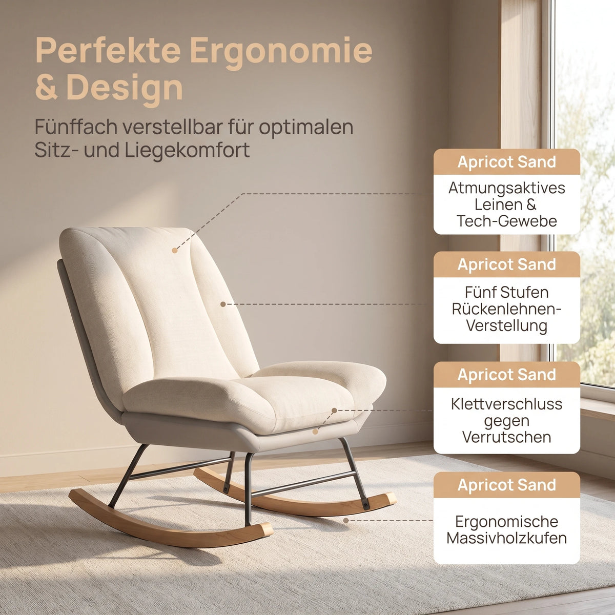 Household Combined Fabric Rocking Chair, Linen-Look Fabric Upper Section, Technical Fabric Lower Section, 5-Level Adjustable Backrest, Velcro Fastening for Securing Seat Cushion and Backrest, Relaxing Reclining Rocking Chair