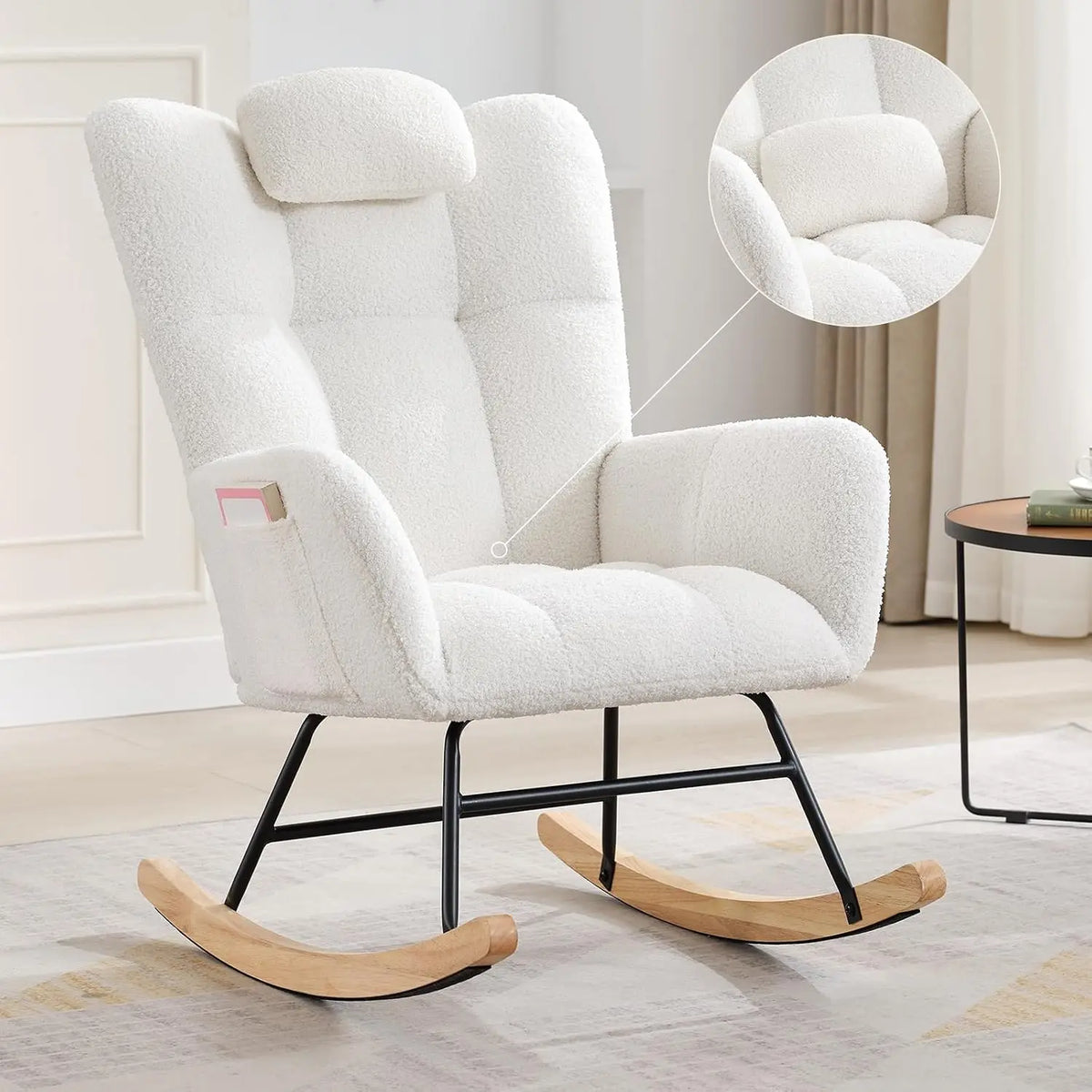 Rocking Chair, Relaxing Armchair, Indoor Comfort Sliding Chair with High Back, Side Pockets for Living Room, Bedroom, Nursery and Comfortable Reading Environment (Brown)