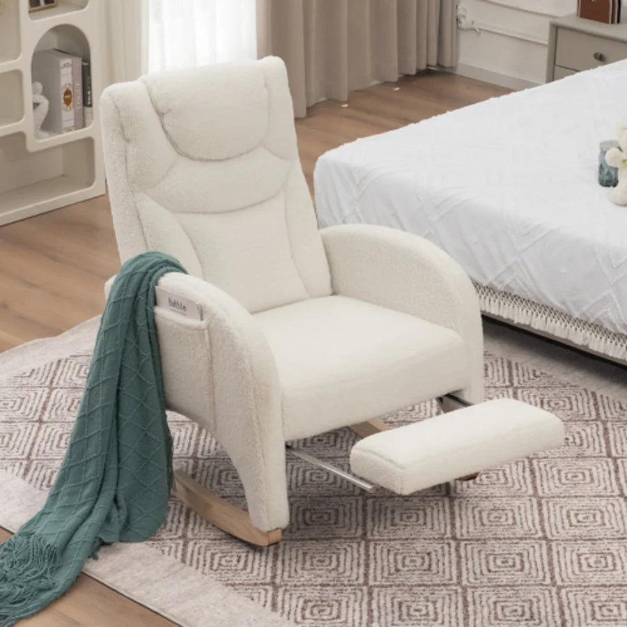 White Teddy Fabric Upholstered Rocking Chair, Comfort Relax Arm Accent Chair with Armrests for Living Room Bedroom, 110KG Weight Capacity