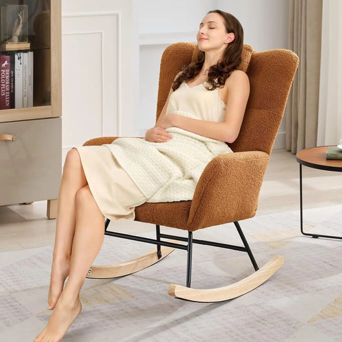Fauteuil à bascule à dossier haut en teddy bouclé Brune, avec poche latérale – photo 2