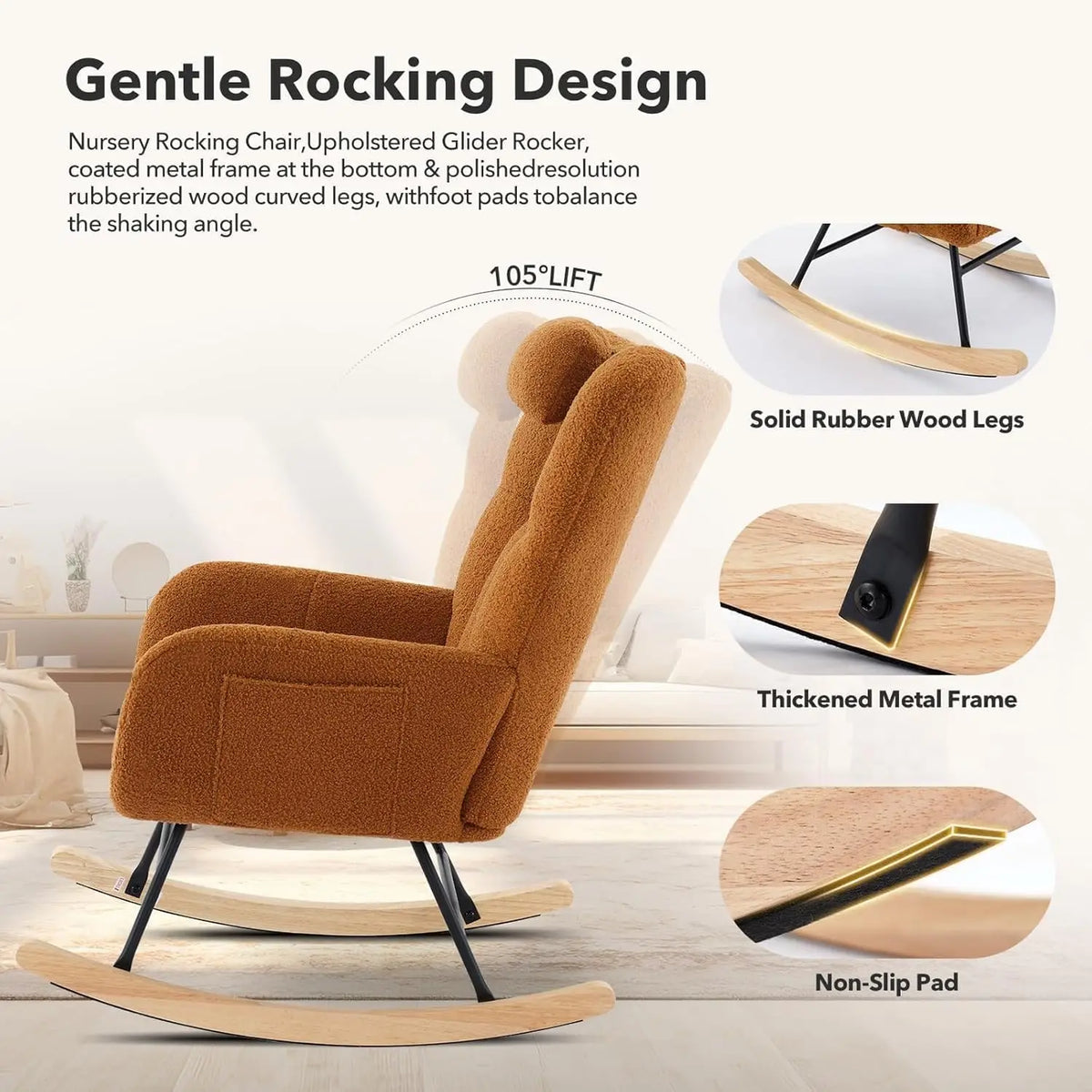 Rocking Chair, Relaxing Armchair, Indoor Comfort Sliding Chair with High Back, Side Pockets for Living Room, Bedroom, Nursery and Comfortable Reading Environment (Brown)