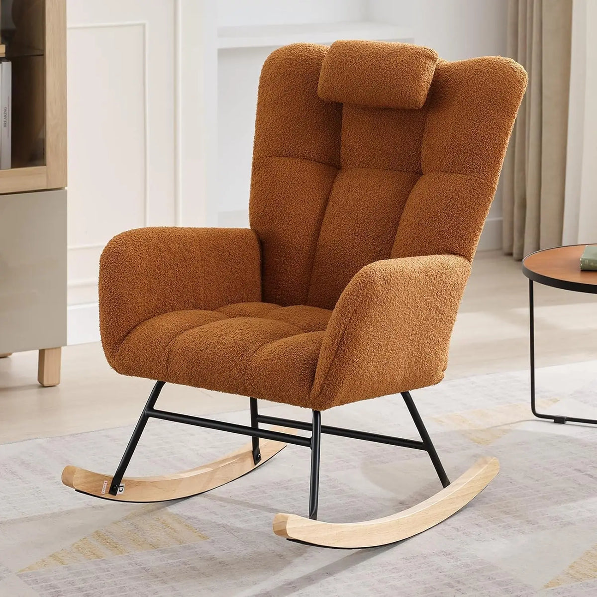 Rocking Chair, Relaxing Armchair, Indoor Comfort Sliding Chair with High Back, Side Pockets for Living Room, Bedroom, Nursery and Comfortable Reading Environment (Brown)