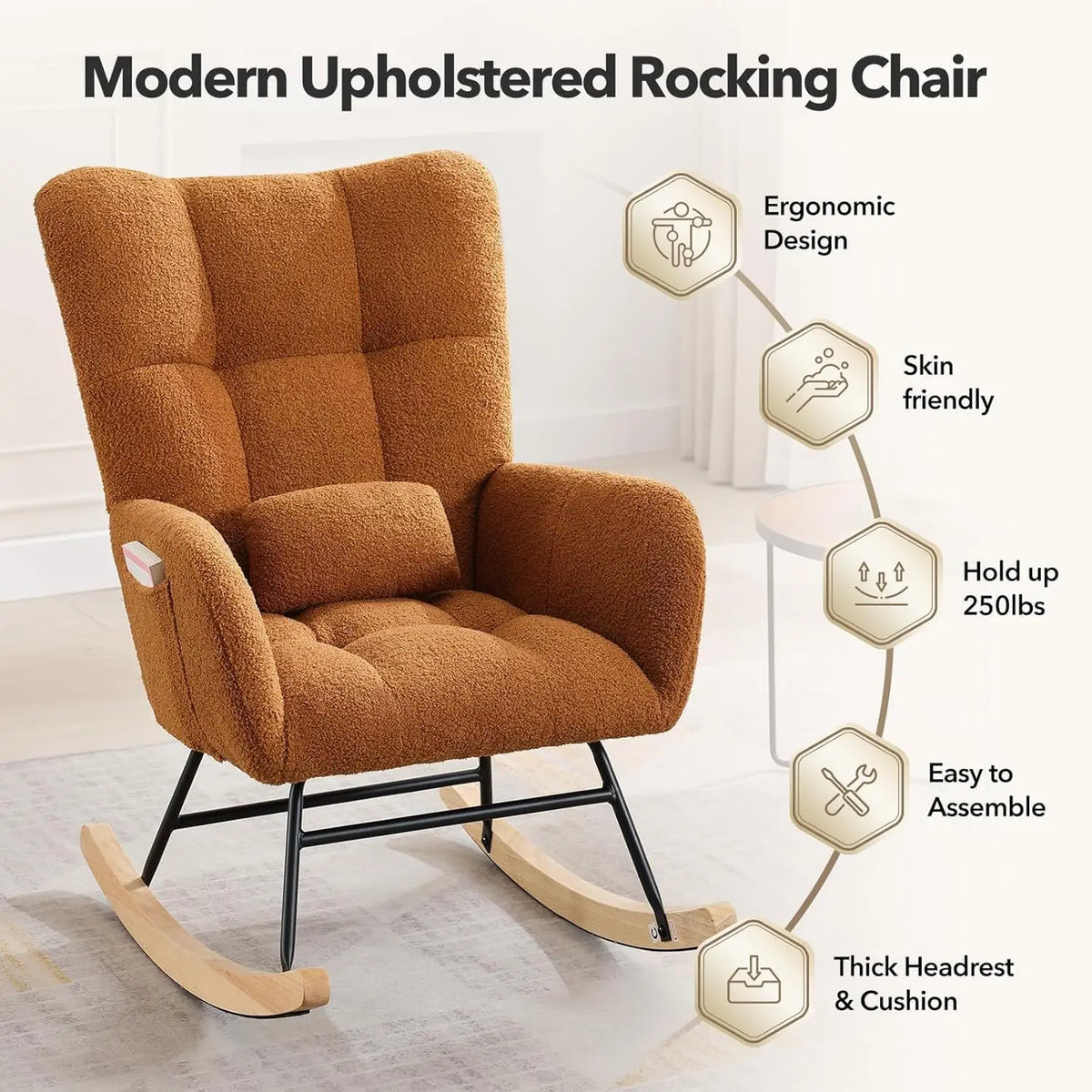 Rocking Chair, Relaxing Armchair, Indoor Comfort Sliding Chair with High Back, Side Pockets for Living Room, Bedroom, Nursery and Comfortable Reading Environment (Brown)