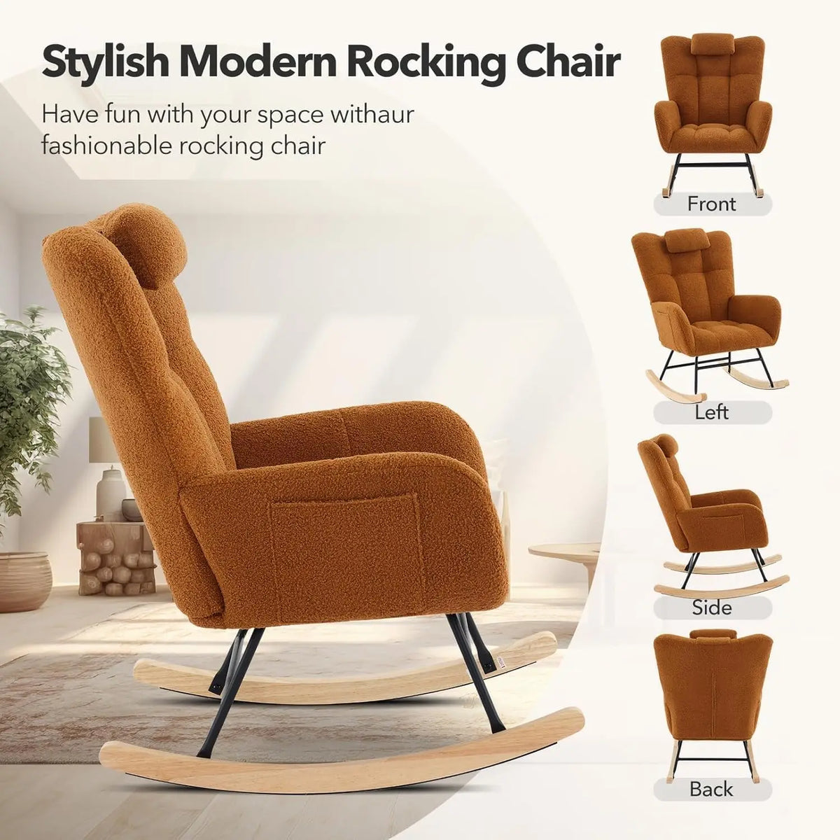 Rocking Chair, Relaxing Armchair, Indoor Comfort Sliding Chair with High Back, Side Pockets for Living Room, Bedroom, Nursery and Comfortable Reading Environment (Brown)