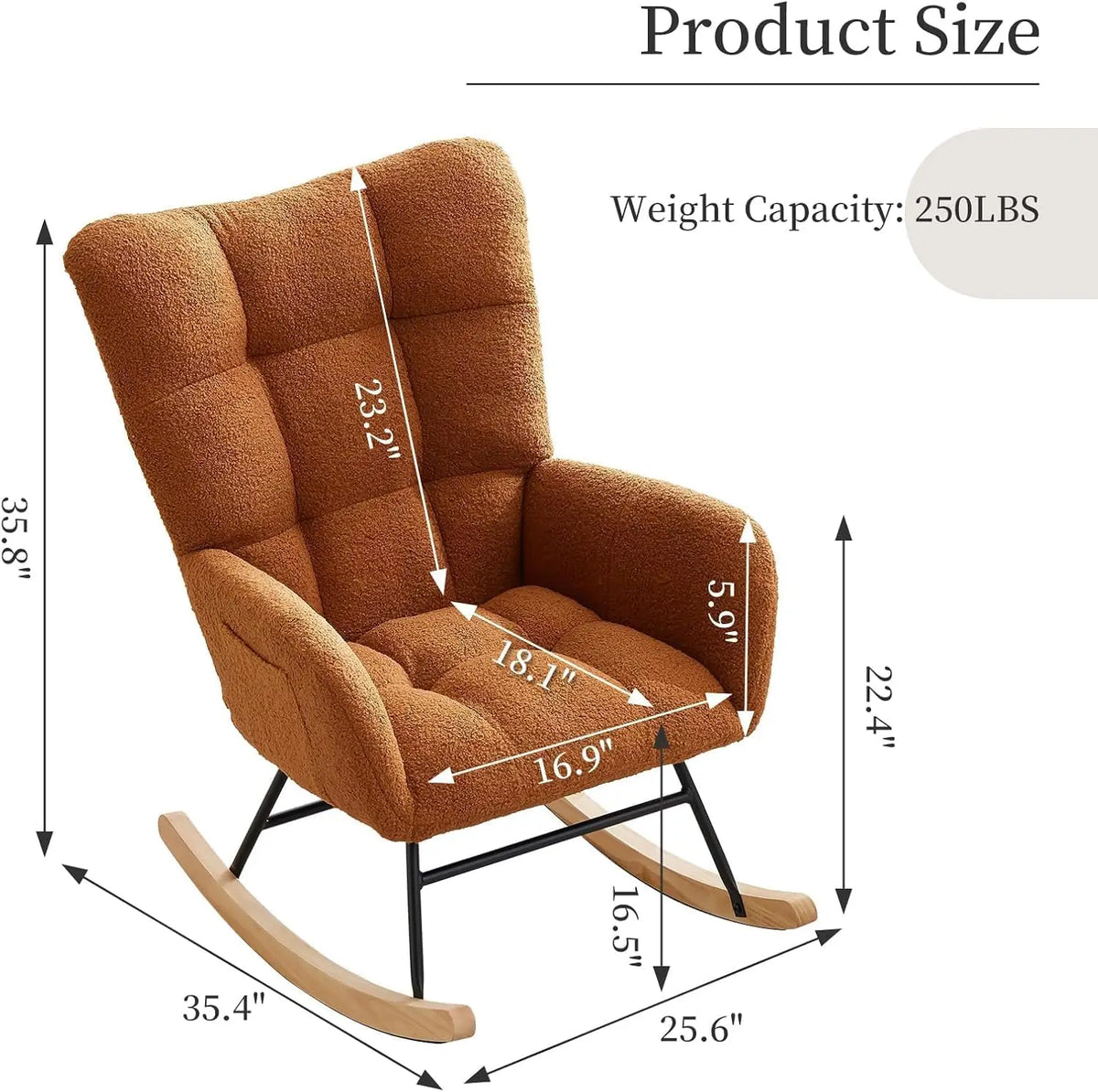 Rocking Chair, Relaxing Armchair, Indoor Comfort Sliding Chair with High Back, Side Pockets for Living Room, Bedroom, Nursery and Comfortable Reading Environment (Brown)