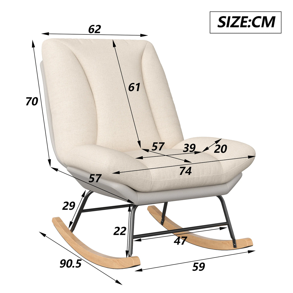 Household Combined Fabric Rocking Chair, Linen-Look Fabric Upper Section, Technical Fabric Lower Section, 5-Level Adjustable Backrest, Velcro Fastening for Securing Seat Cushion and Backrest, Relaxing Reclining Rocking Chair
