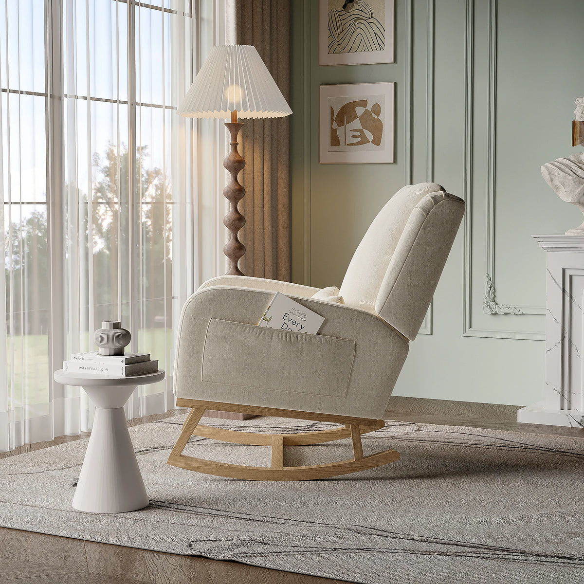 Wooden rocking chair with side storage pockets, thickened high-back nursing chair, quiet rocking chair, linen/teddy fleece, suitable for nursery, living room, balcony