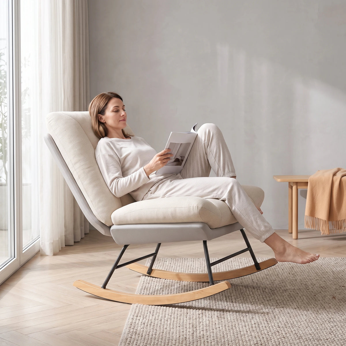 Household Combined Fabric Rocking Chair, Linen-Look Fabric Upper Section, Technical Fabric Lower Section, 5-Level Adjustable Backrest, Velcro Fastening for Securing Seat Cushion and Backrest, Relaxing Reclining Rocking Chair