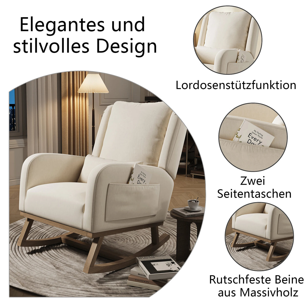 Wooden rocking chair with side storage pockets, thickened high-back nursing chair, quiet rocking chair, linen/teddy fleece, suitable for nursery, living room, balcony
