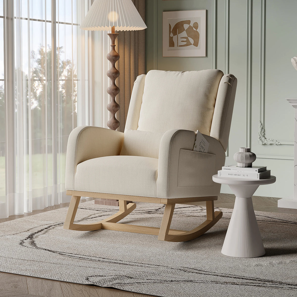 Wooden rocking chair with side storage pockets, thickened high-back nursing chair, quiet rocking chair, linen/teddy fleece, suitable for nursery, living room, balcony