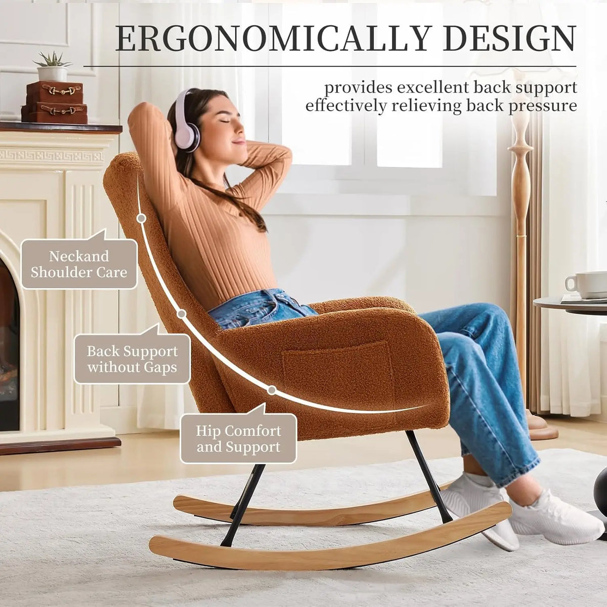 Rocking Chair, Relaxing Armchair, Indoor Comfort Sliding Chair with High Back, Side Pockets for Living Room, Bedroom, Nursery and Comfortable Reading Environment (Brown)