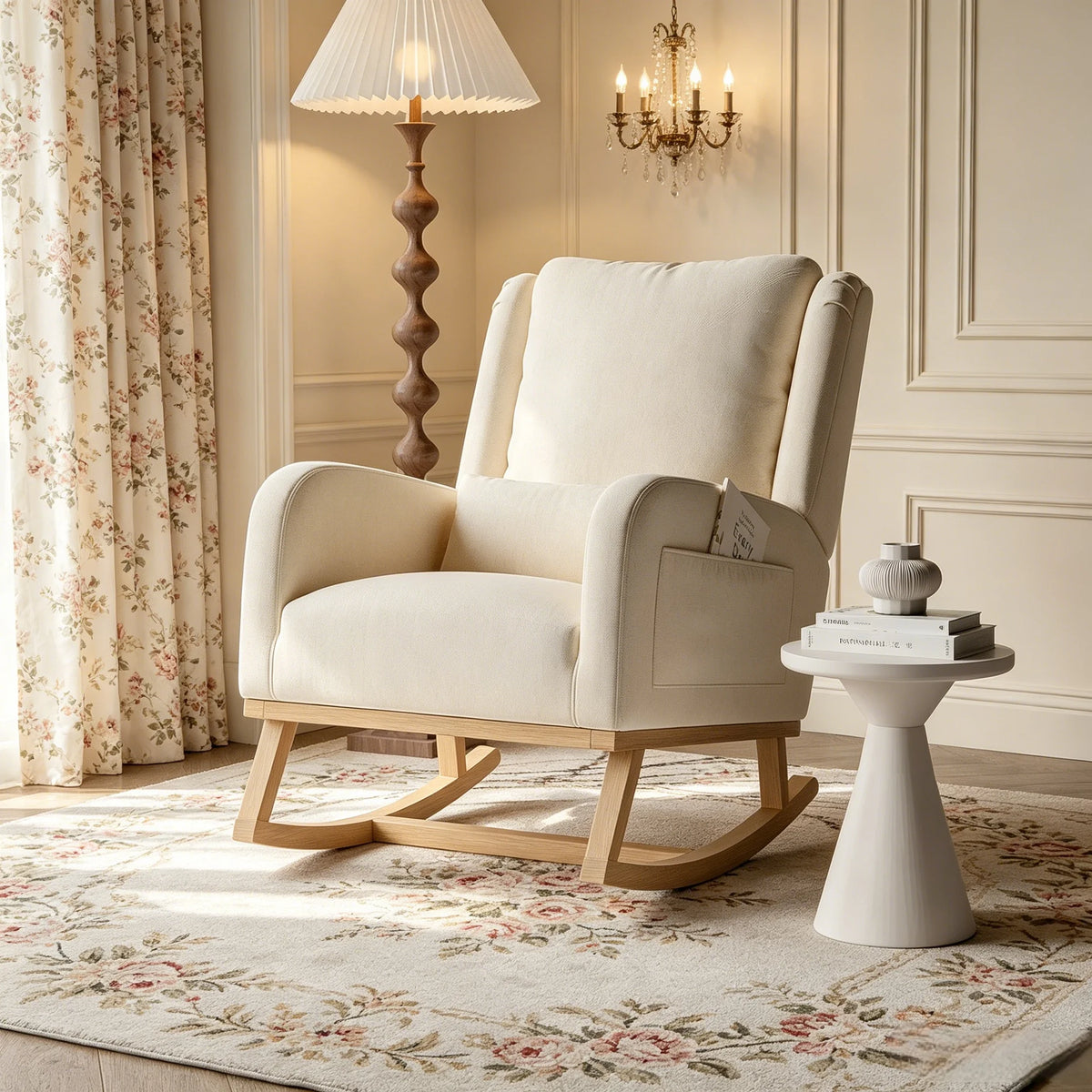 Wooden rocking chair with side storage pockets, thickened high-back nursing chair, quiet rocking chair, linen/teddy fleece, suitable for nursery, living room, balcony