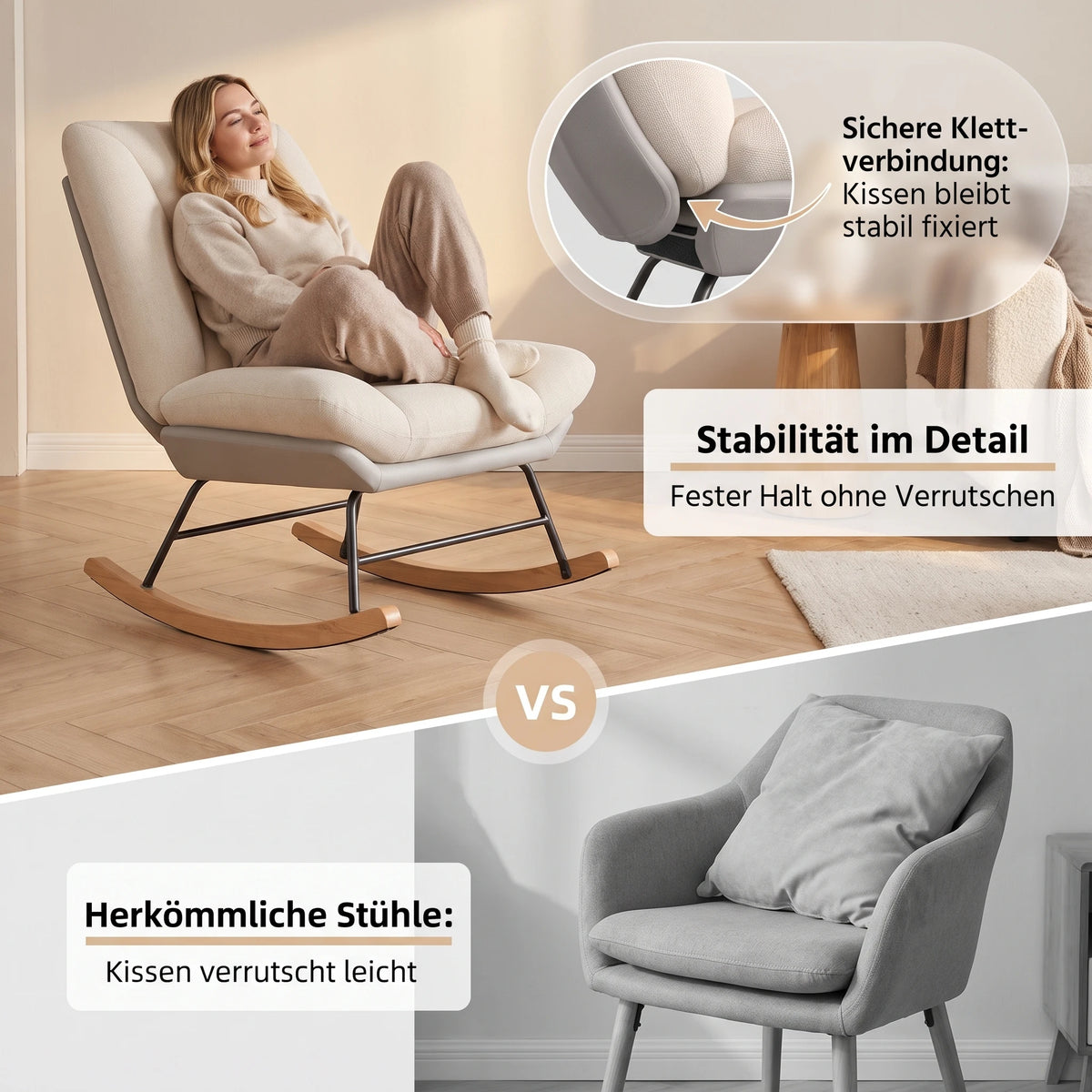 Household Combined Fabric Rocking Chair, Linen-Look Fabric Upper Section, Technical Fabric Lower Section, 5-Level Adjustable Backrest, Velcro Fastening for Securing Seat Cushion and Backrest, Relaxing Reclining Rocking Chair