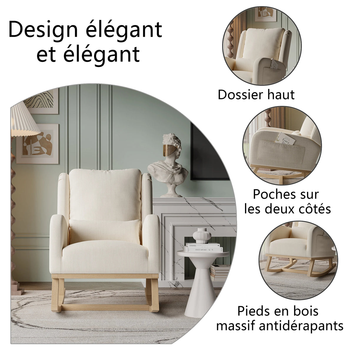 Wooden rocking chair with side storage pockets, thickened high-back nursing chair, quiet rocking chair, linen/teddy fleece, suitable for nursery, living room, balcony