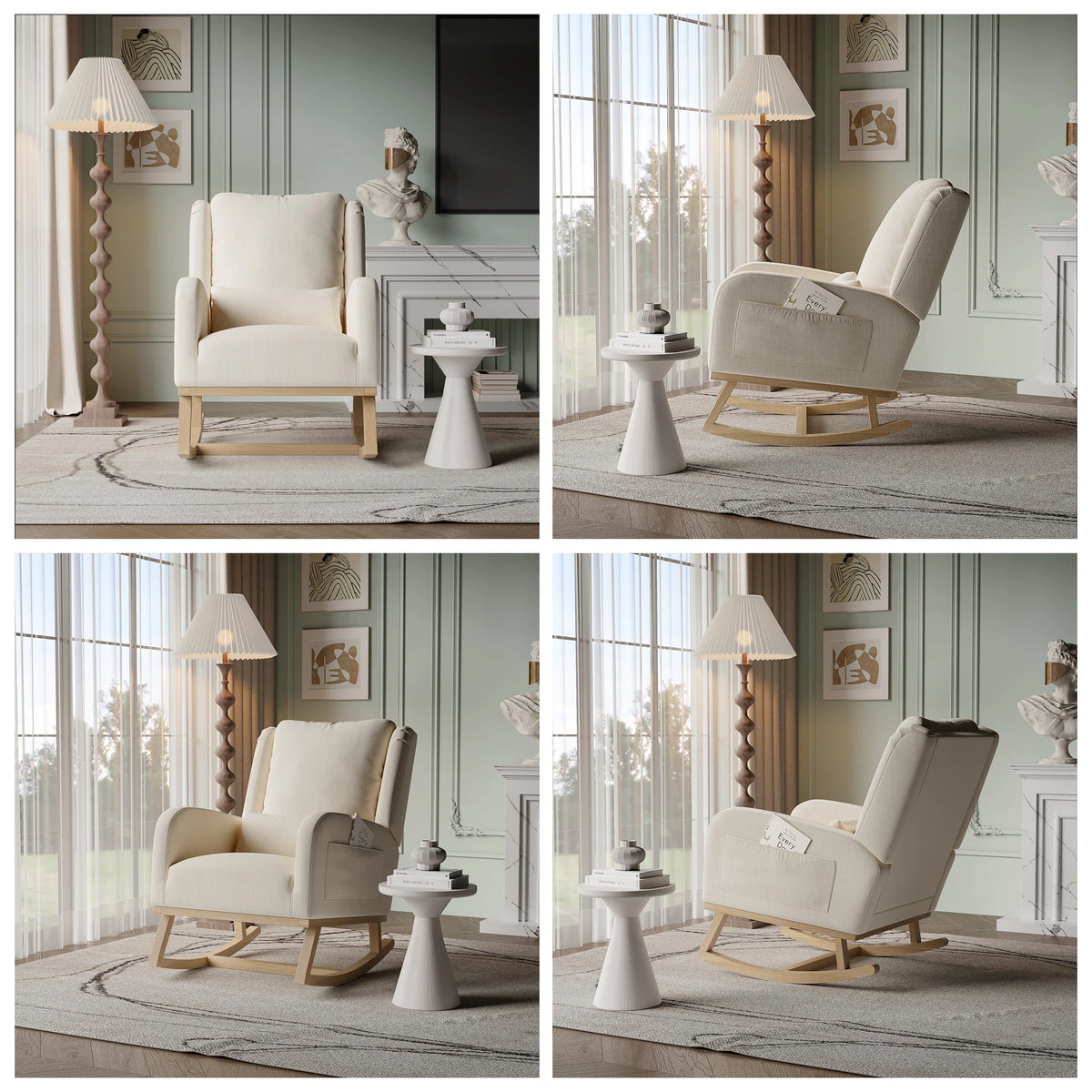 Wooden rocking chair with side storage pockets, thickened high-back nursing chair, quiet rocking chair, linen/teddy fleece, suitable for nursery, living room, balcony