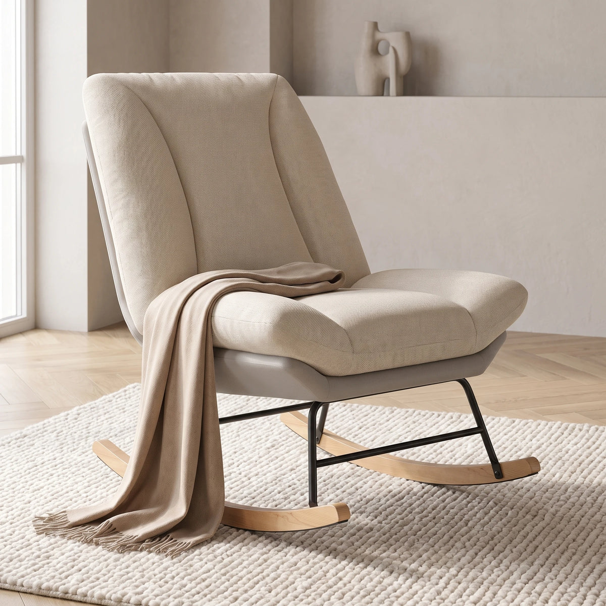 Household Combined Fabric Rocking Chair, Linen-Look Fabric Upper Section, Technical Fabric Lower Section, 5-Level Adjustable Backrest, Velcro Fastening for Securing Seat Cushion and Backrest, Relaxing Reclining Rocking Chair