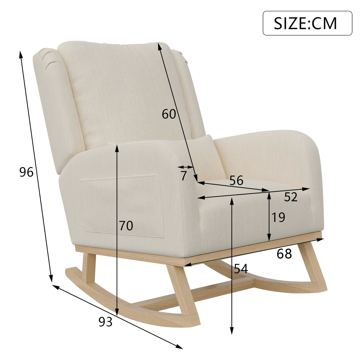 Wooden rocking chair with side storage pockets, thickened high-back nursing chair, quiet rocking chair, linen/teddy fleece, suitable for nursery, living room, balcony