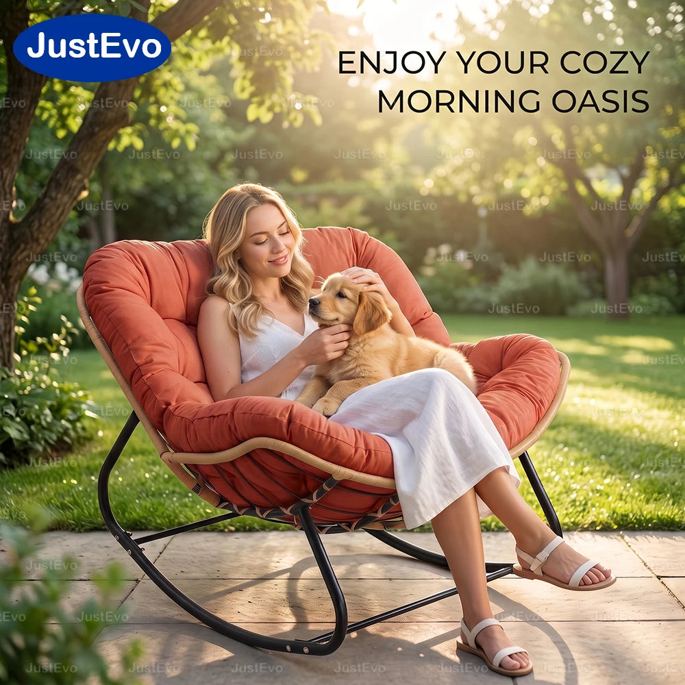 JustEvo Outdoor Rocking Patio Chair | Ergonomic Papasan Chair with Metal Frame & Cloud-Like Soft Cushion | Comfortable Leisure Furniture for Backyard Patio or Garden (Orange)