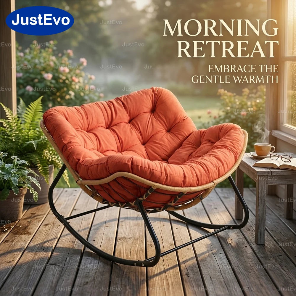 JustEvo Outdoor Rocking Patio Chair | Ergonomic Papasan Chair with Metal Frame & Cloud-Like Soft Cushion | Comfortable Leisure Furniture for Backyard Patio or Garden (Orange)