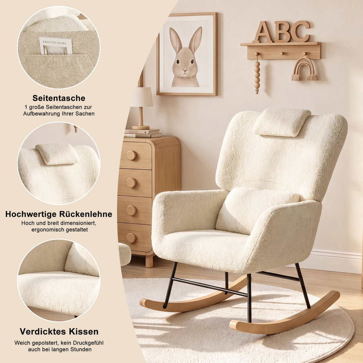Anajqaqia Beige Lambswool Rocking Chair Set with Matching Footstool, Sturdy Metal Frame, Suitable for Living Room or Bedroom.