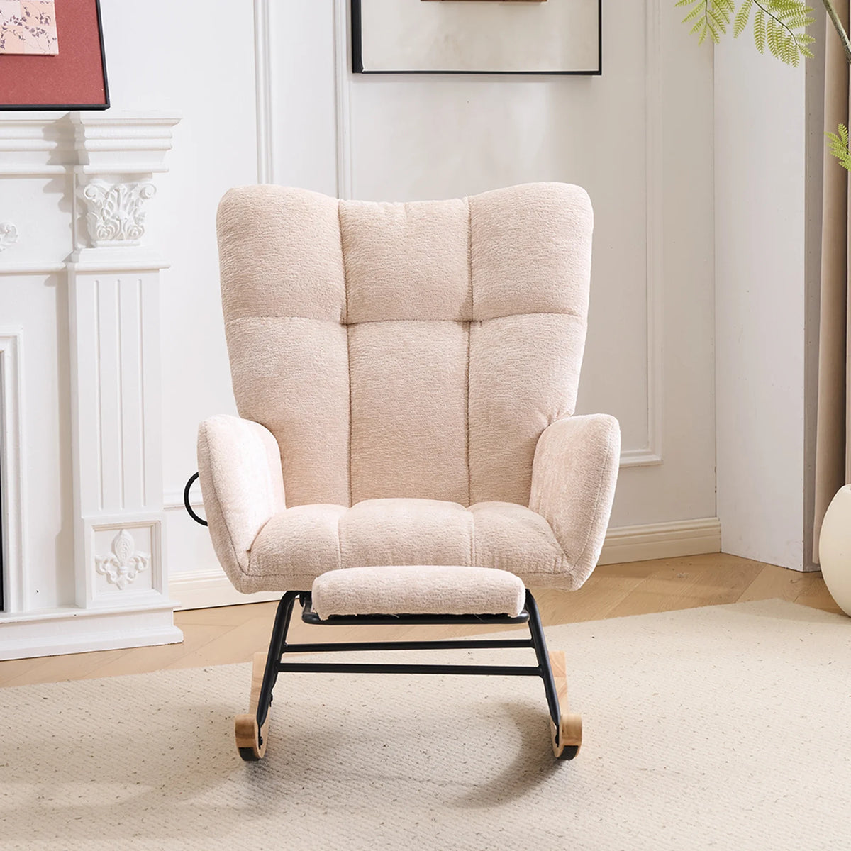 Beige Ergonomic Rocking Chair,High‑Density Sponge Chenille Fabric Rocker Chair with Side Storage Pocket, Retractable Footrest Solid Wood Legs Recliner for Nursing Reading Relax Chair