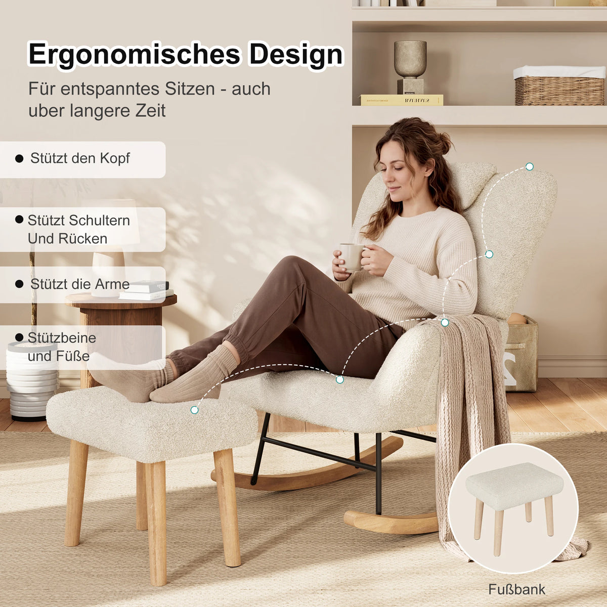 Anajqaqia Beige Lambswool Rocking Chair Set with Matching Footstool, Sturdy Metal Frame, Suitable for Living Room or Bedroom.