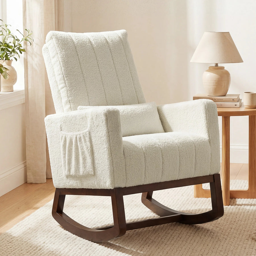 Rocking chair moderne crème Plaid en flanelle, dossier haut et coussin lombaire
