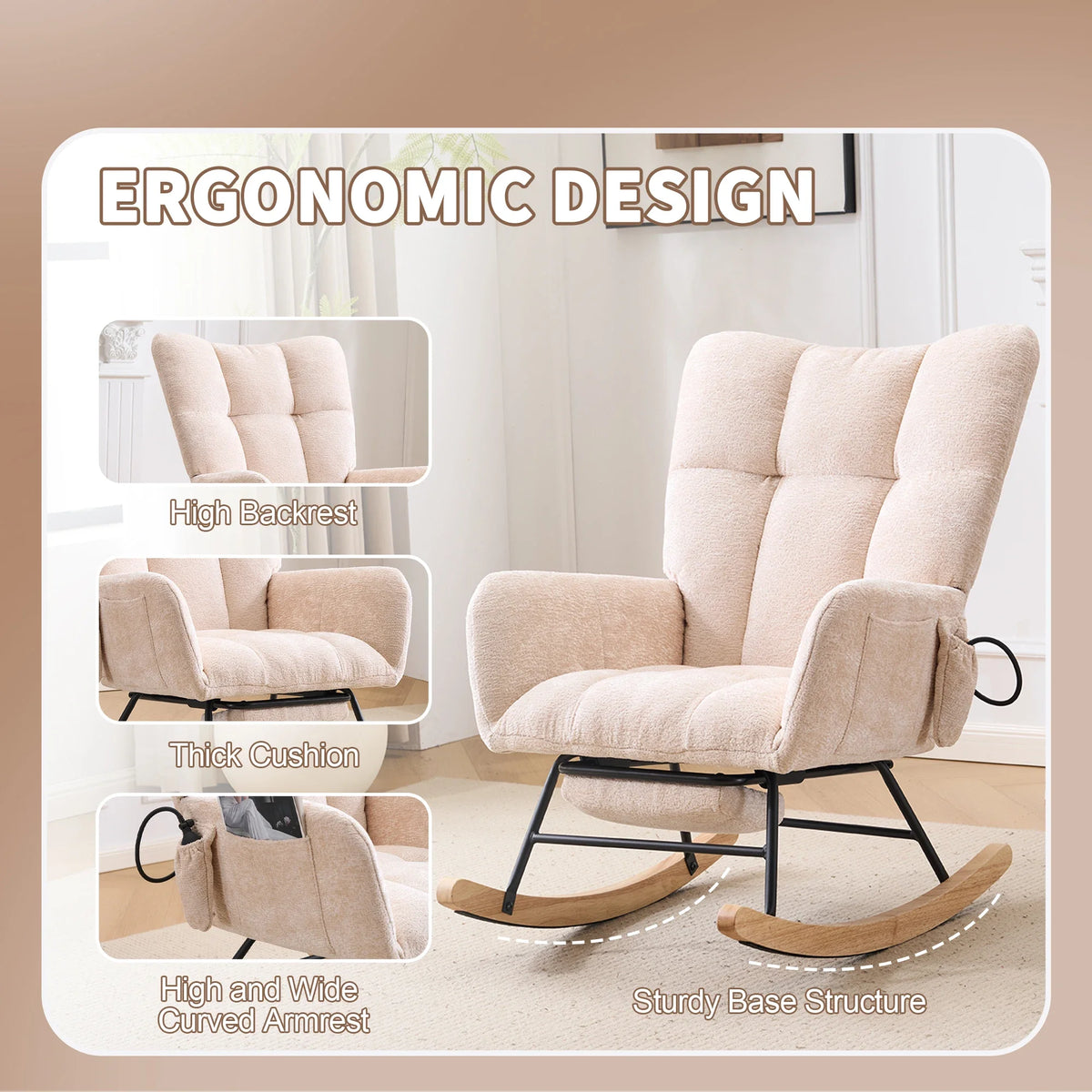 Beige Ergonomic Rocking Chair,High‑Density Sponge Chenille Fabric Rocker Chair with Side Storage Pocket, Retractable Footrest Solid Wood Legs Recliner for Nursing Reading Relax Chair