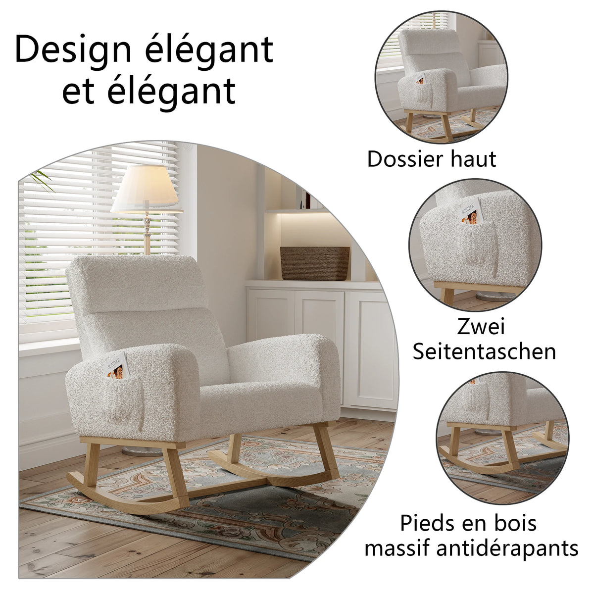 Fauteuil à bascule scandinave Nocturne en bois massif et tissu – photo 6