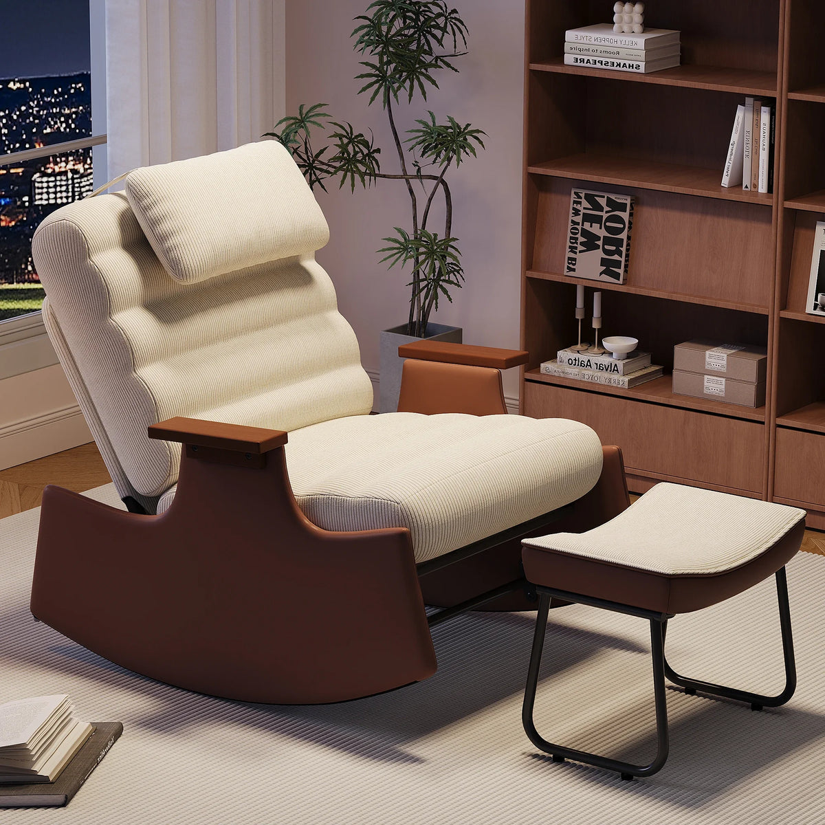 Superaly Beige Corduroy Rocking Chair with Ottoman, Adjustable Recliner Lounge Chair with Headrest and Footrest, Wood Armrests, Accent Chair for Living Room