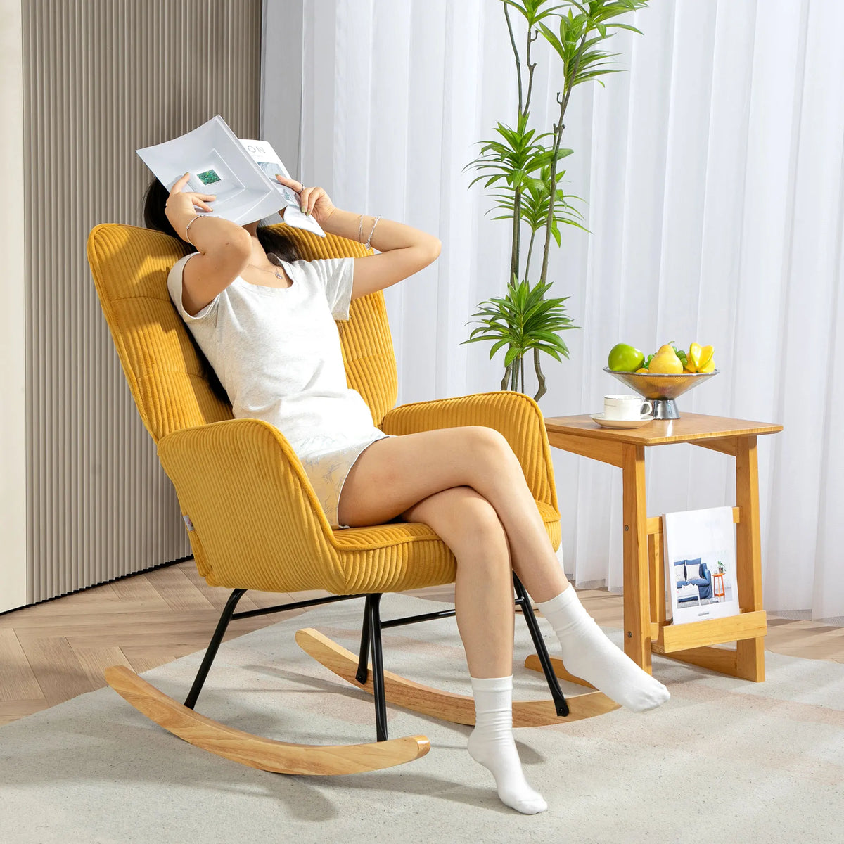 HOMCOM Rocking chair Fitting Cord Rocking armchair Armrest Padded High Back armchair wood Skid living room Modern Relax armchair Bedroom Up to 120kg Yellow