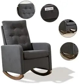 Upholstered Fabric Rocking Chair with High Backrest & Wooden Legs, Comfort Reading Lounge Chair with Side Storage Pocket for Living Room & Bedroom, 66 × 65 × 86 cm