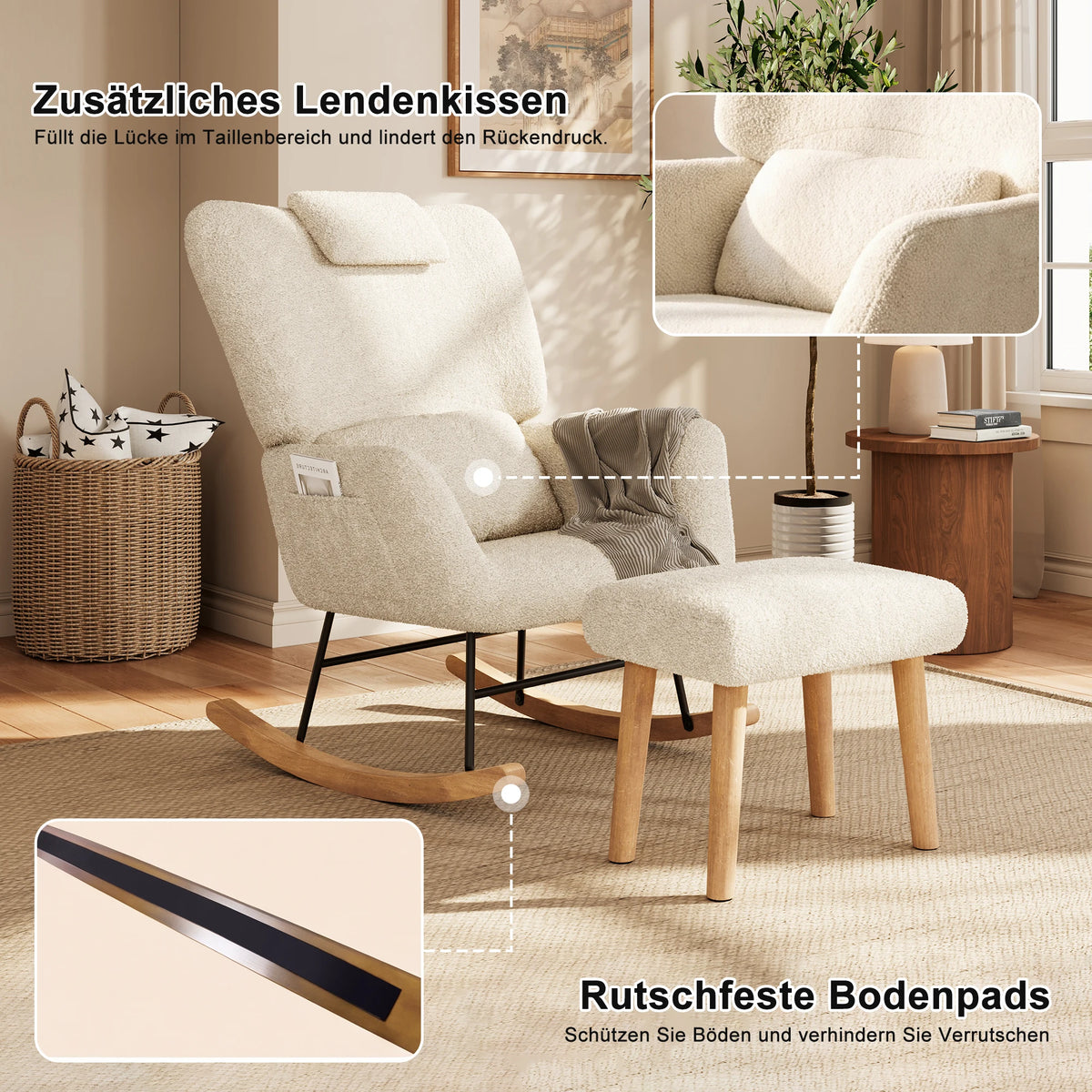 Anajqaqia Beige Lambswool Rocking Chair Set with Matching Footstool, Sturdy Metal Frame, Suitable for Living Room or Bedroom.