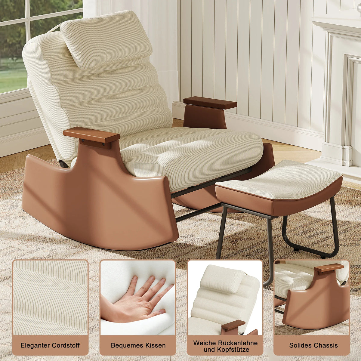 Superaly Beige Corduroy Rocking Chair with Ottoman, Adjustable Recliner Lounge Chair with Headrest and Footrest, Wood Armrests, Accent Chair for Living Room