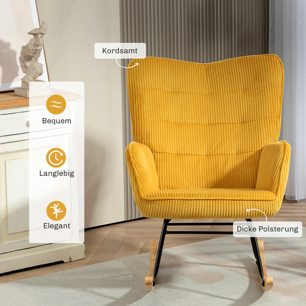 HOMCOM Rocking chair Fitting Cord Rocking armchair Armrest Padded High Back armchair wood Skid living room Modern Relax armchair Bedroom Up to 120kg Yellow