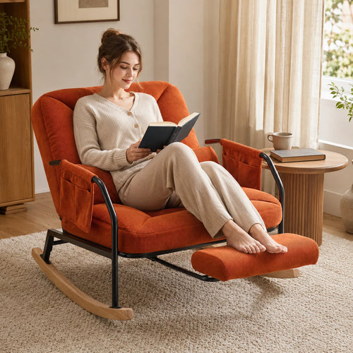 Adjustable Rocking Chair with Retractable Footrest, 4 Positions 100°-160° Reclining Glider Rocker, Ergonomic Corduroy Lounge Chair with Side Storage Pockets & Waist Pillow, Heavy Duty Metal Frame Wooden Rocker Base Reading