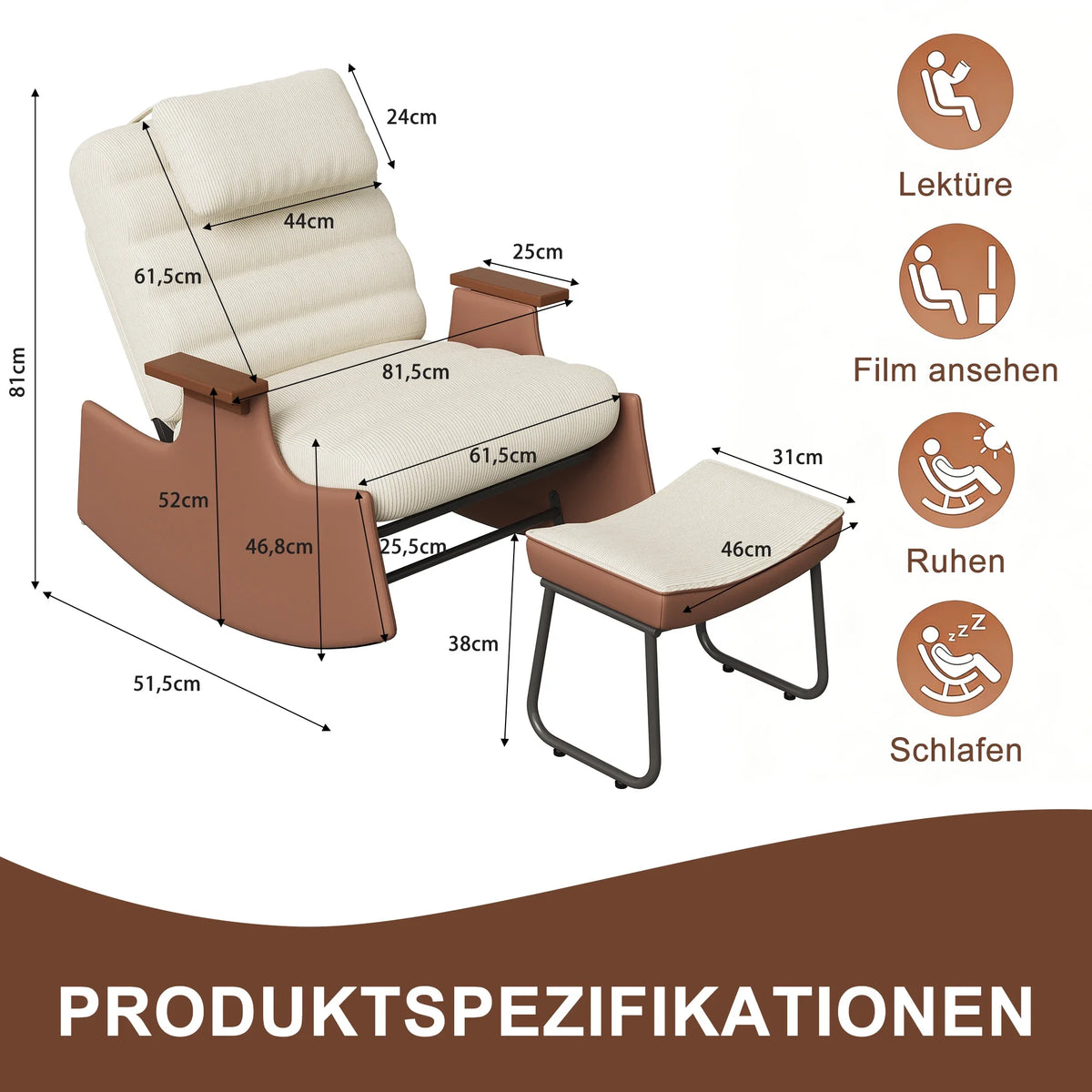 Superaly Beige Corduroy Rocking Chair with Ottoman, Adjustable Recliner Lounge Chair with Headrest and Footrest, Wood Armrests, Accent Chair for Living Room