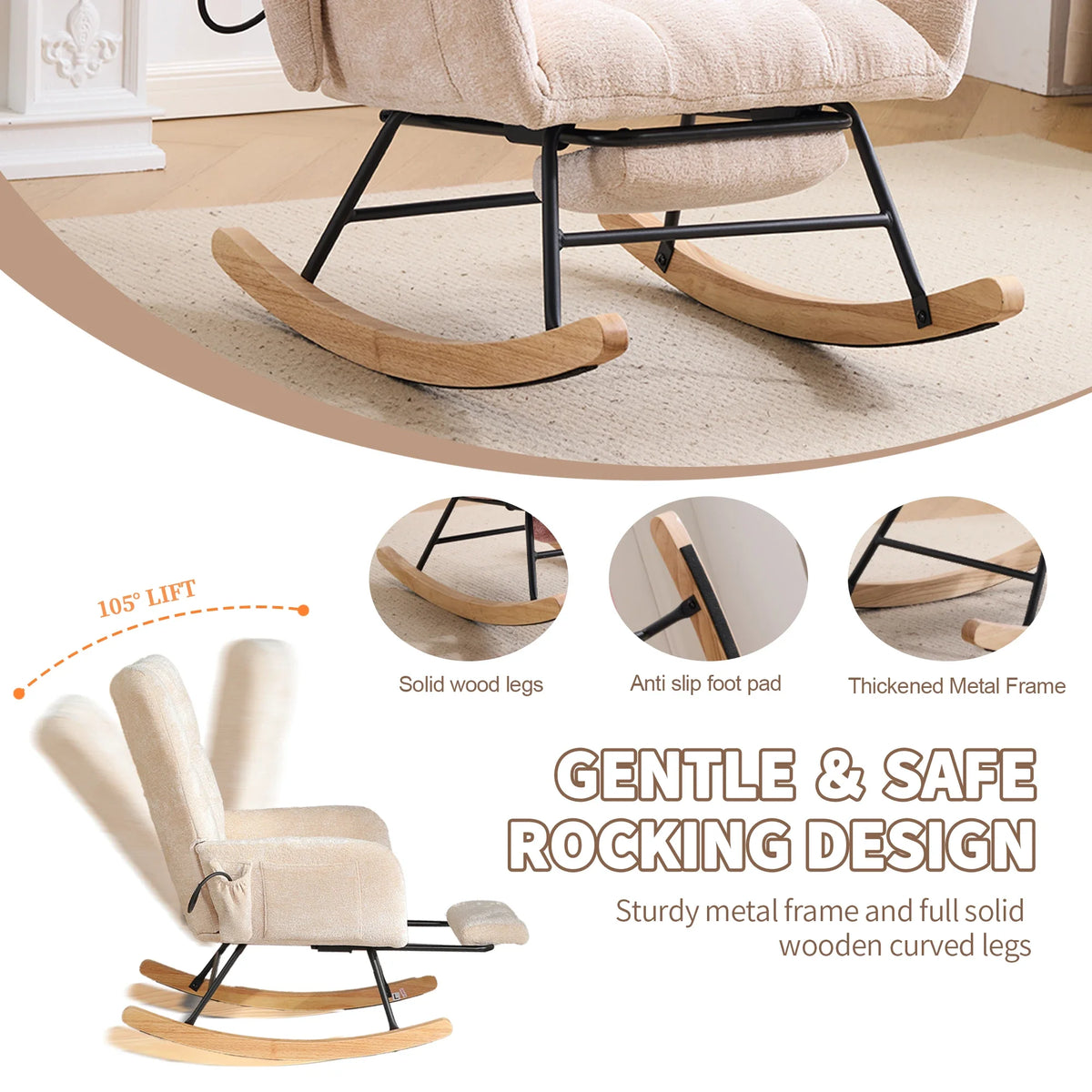 Beige Ergonomic Rocking Chair,High‑Density Sponge Chenille Fabric Rocker Chair with Side Storage Pocket, Retractable Footrest Solid Wood Legs Recliner for Nursing Reading Relax Chair