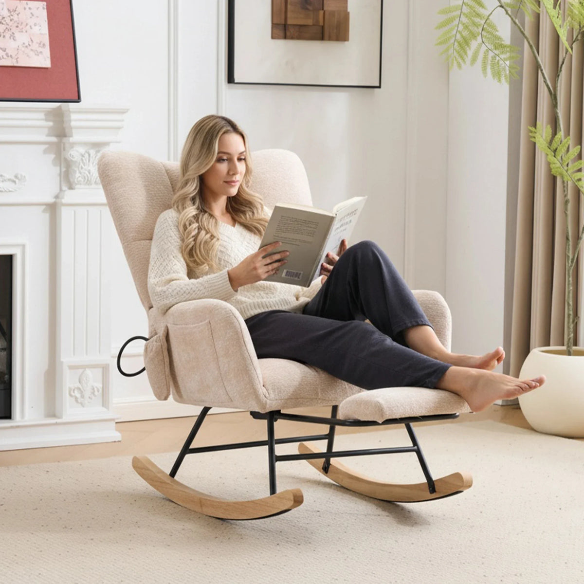 Beige Ergonomic Rocking Chair,High‑Density Sponge Chenille Fabric Rocker Chair with Side Storage Pocket, Retractable Footrest Solid Wood Legs Recliner for Nursing Reading Relax Chair