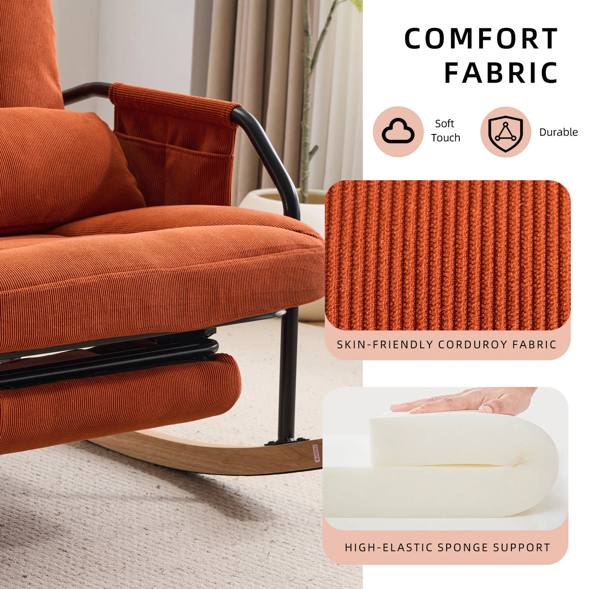 Adjustable Rocking Chair with Retractable Footrest, 4 Positions 100°-160° Reclining Glider Rocker, Ergonomic Corduroy Lounge Chair with Side Storage Pockets & Waist Pillow, Heavy Duty Metal Frame Wooden Rocker Base Reading