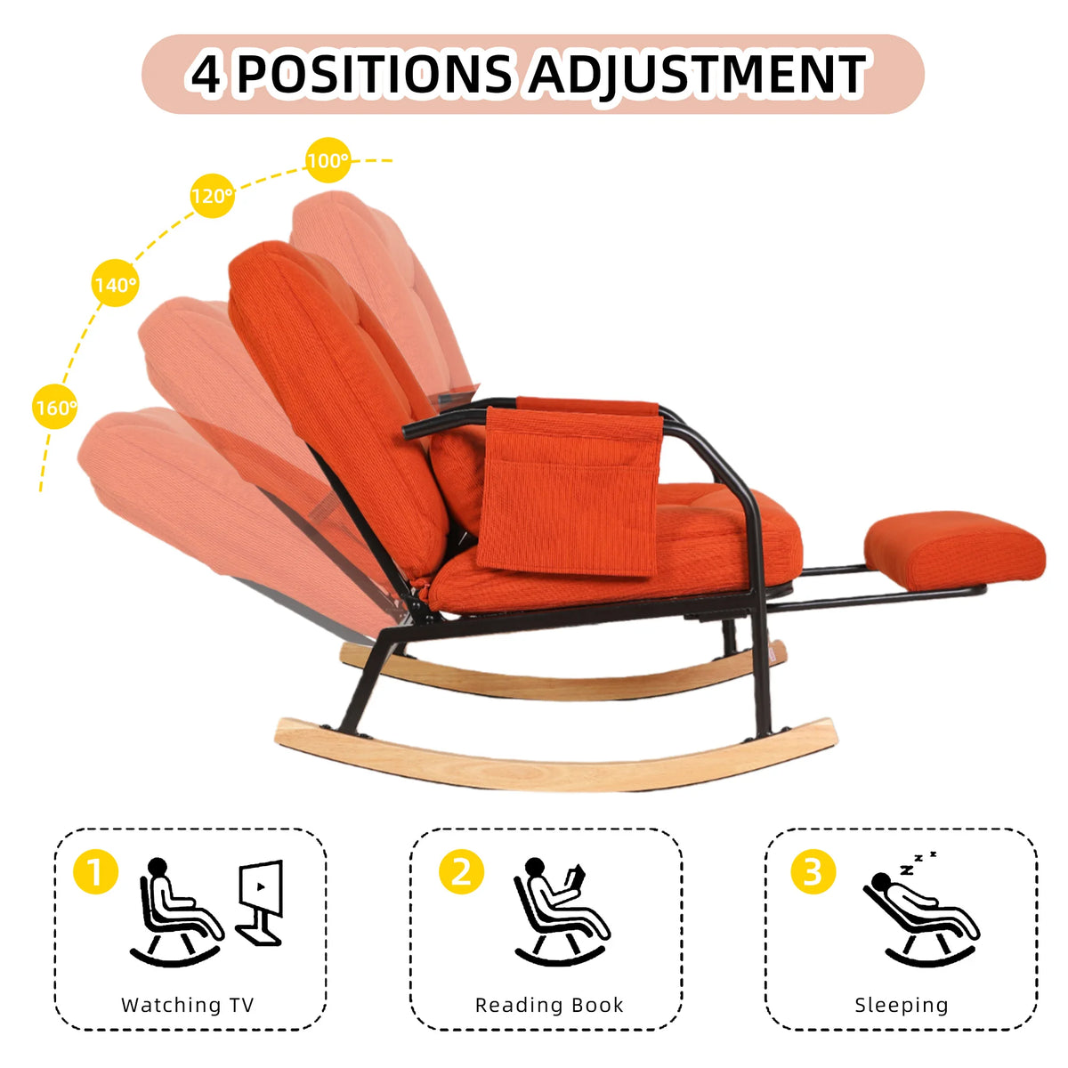 Adjustable Rocking Chair with Retractable Footrest, 4 Positions 100°-160° Reclining Glider Rocker, Ergonomic Corduroy Lounge Chair with Side Storage Pockets & Waist Pillow, Heavy Duty Metal Frame Wooden Rocker Base Reading