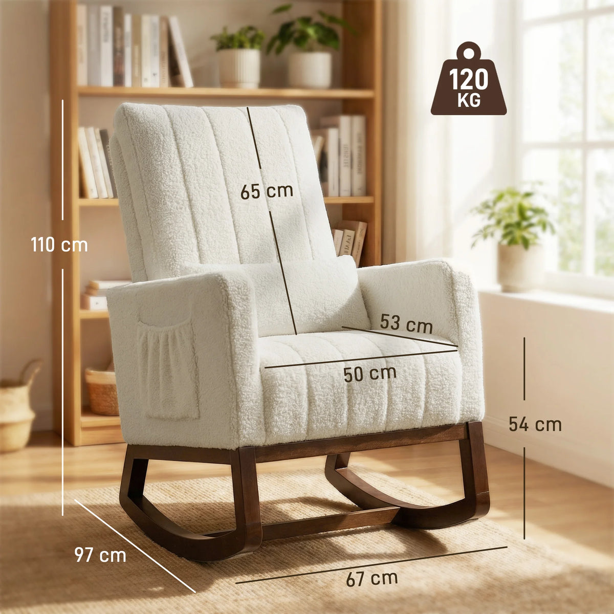 Homcom Rocking Chair, Rocking Chair in Snow Flannel Upholstered, Lumbar Cushion, High Backrest, Side Pockets, Cream