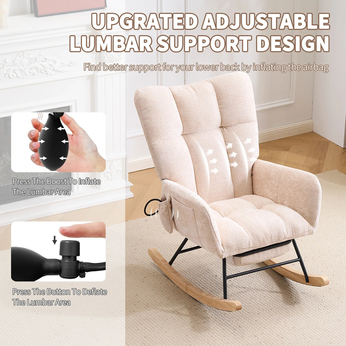 Beige Ergonomic Rocking Chair,High‑Density Sponge Chenille Fabric Rocker Chair with Side Storage Pocket, Retractable Footrest Solid Wood Legs Recliner for Nursing Reading Relax Chair