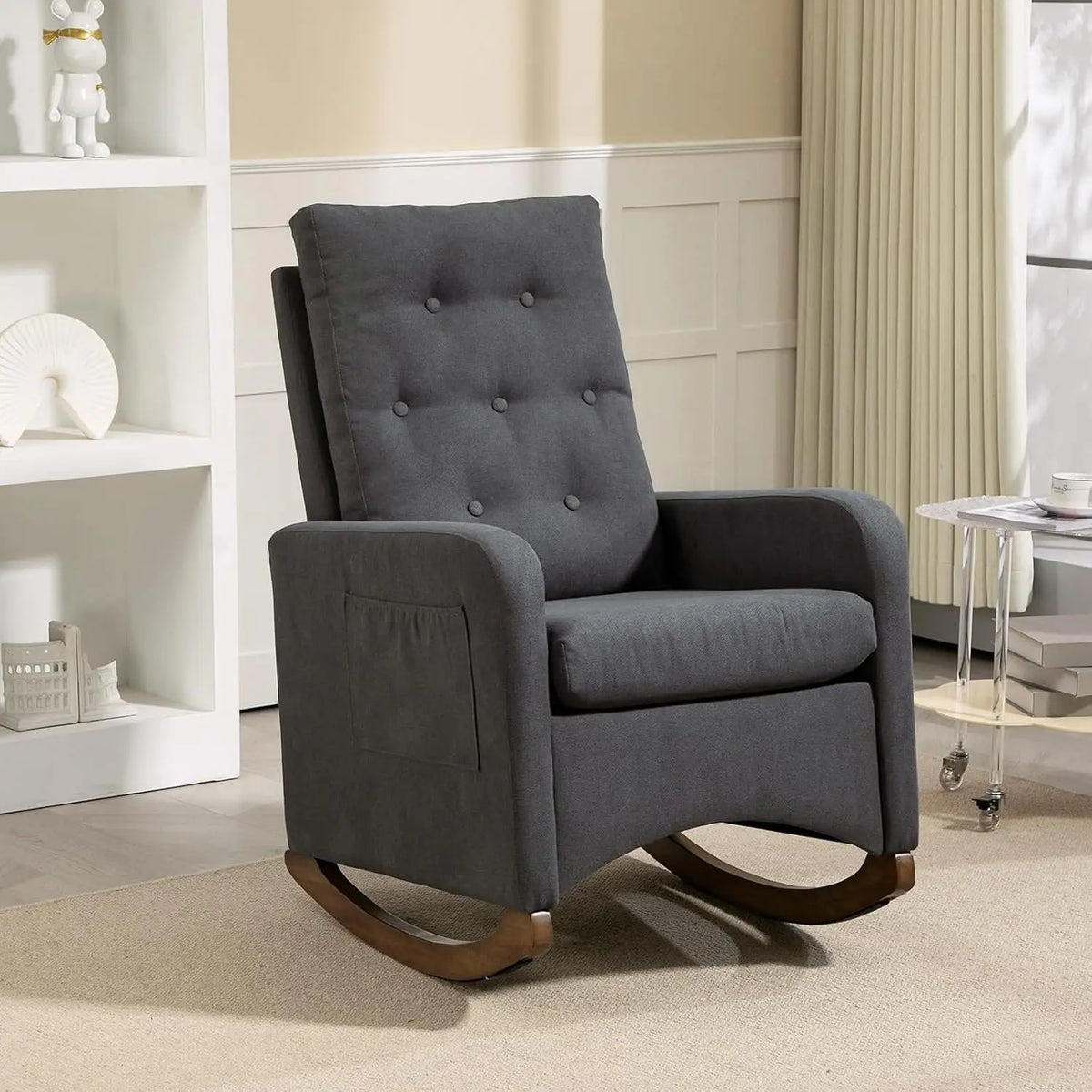 Upholstered Fabric Rocking Chair with High Backrest & Wooden Legs, Comfort Reading Lounge Chair with Side Storage Pocket for Living Room & Bedroom, 66 × 65 × 86 cm