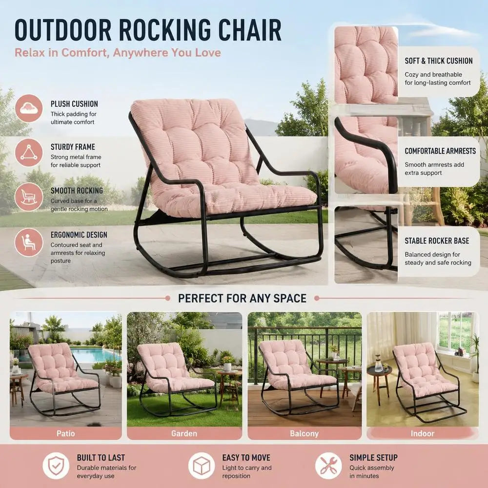 Modern Outdoor Rocking Chair, Lounge Glider Armchair With Thick Padded Corduroy Cushion And Heavy Duty Steel Frame For Patio, Living Room, Bedroom, 75x116x82 Cm, Black And Pink