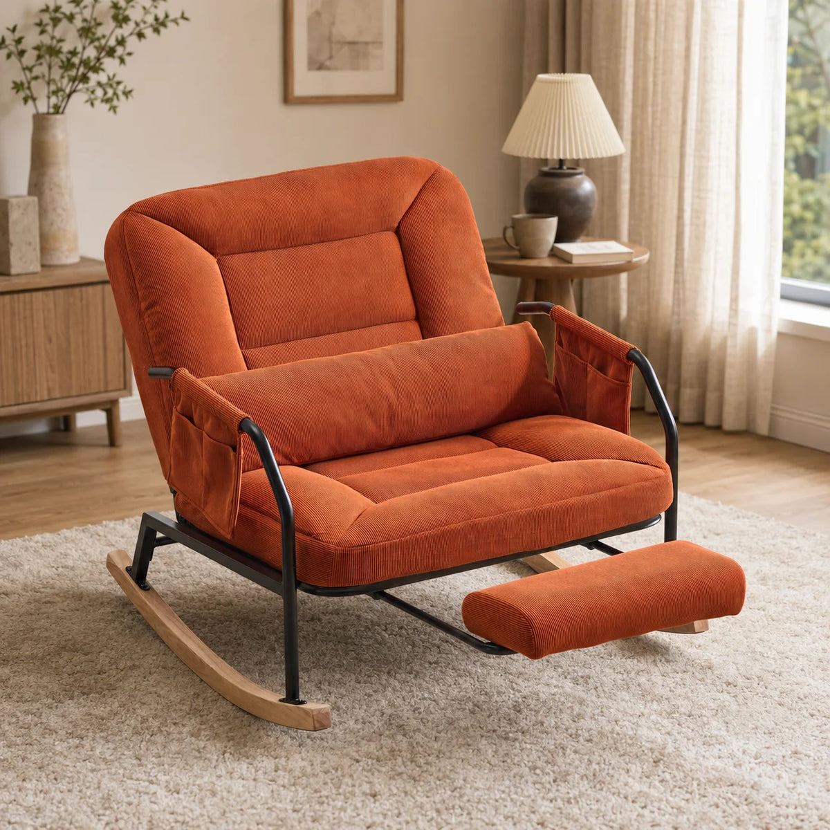 Adjustable Rocking Chair with Retractable Footrest, 4 Positions 100°-160° Reclining Glider Rocker, Ergonomic Corduroy Lounge Chair with Side Storage Pockets & Waist Pillow, Heavy Duty Metal Frame Wooden Rocker Base Reading