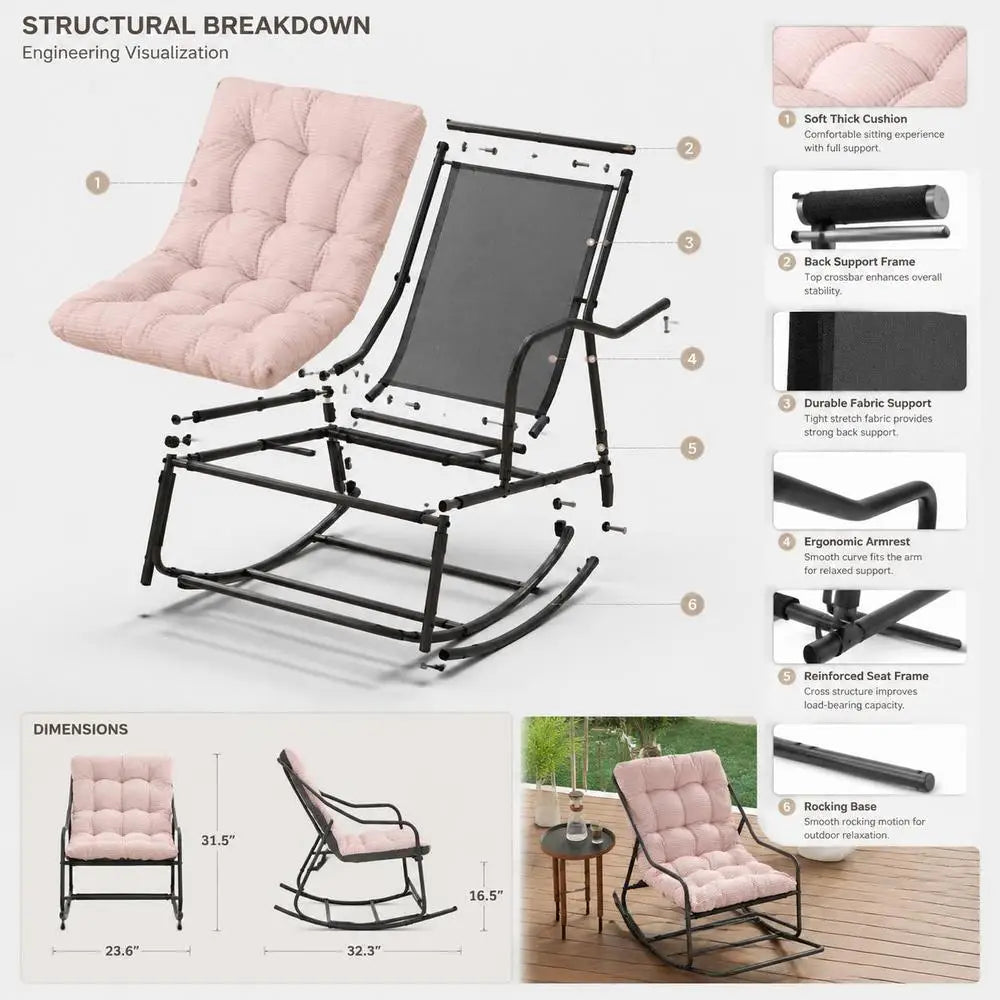 Modern Outdoor Rocking Chair, Lounge Glider Armchair With Thick Padded Corduroy Cushion And Heavy Duty Steel Frame For Patio, Living Room, Bedroom, 75x116x82 Cm, Black And Pink