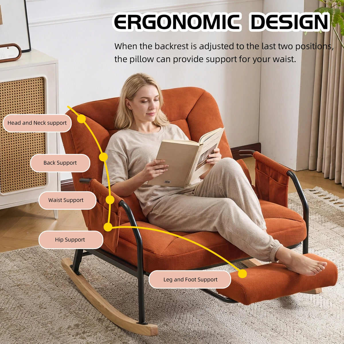 Adjustable Rocking Chair with Retractable Footrest, 4 Positions 100°-160° Reclining Glider Rocker, Ergonomic Corduroy Lounge Chair with Side Storage Pockets & Waist Pillow, Heavy Duty Metal Frame Wooden Rocker Base Reading
