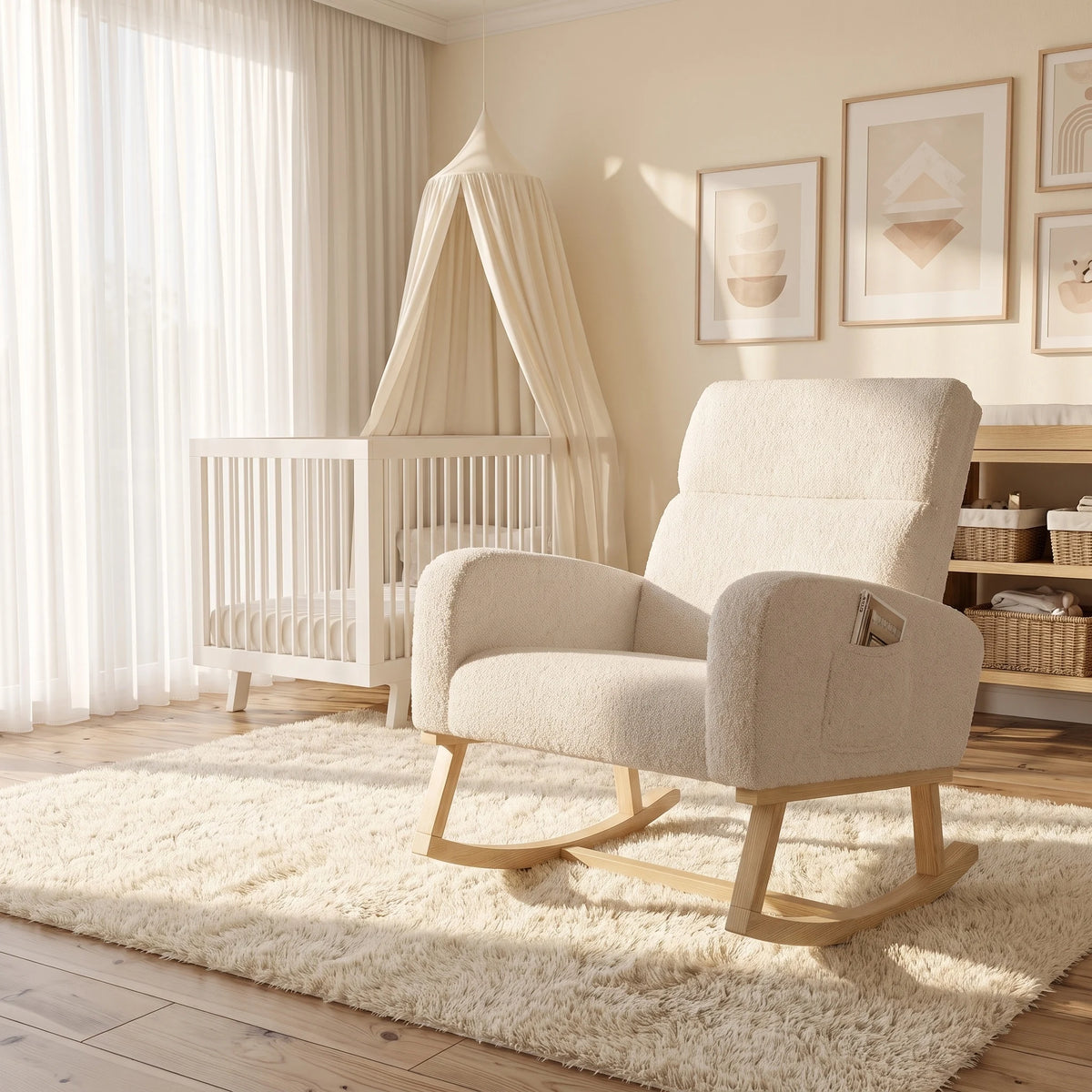 Fauteuil à bascule scandinave Nocturne en bois massif et tissu
